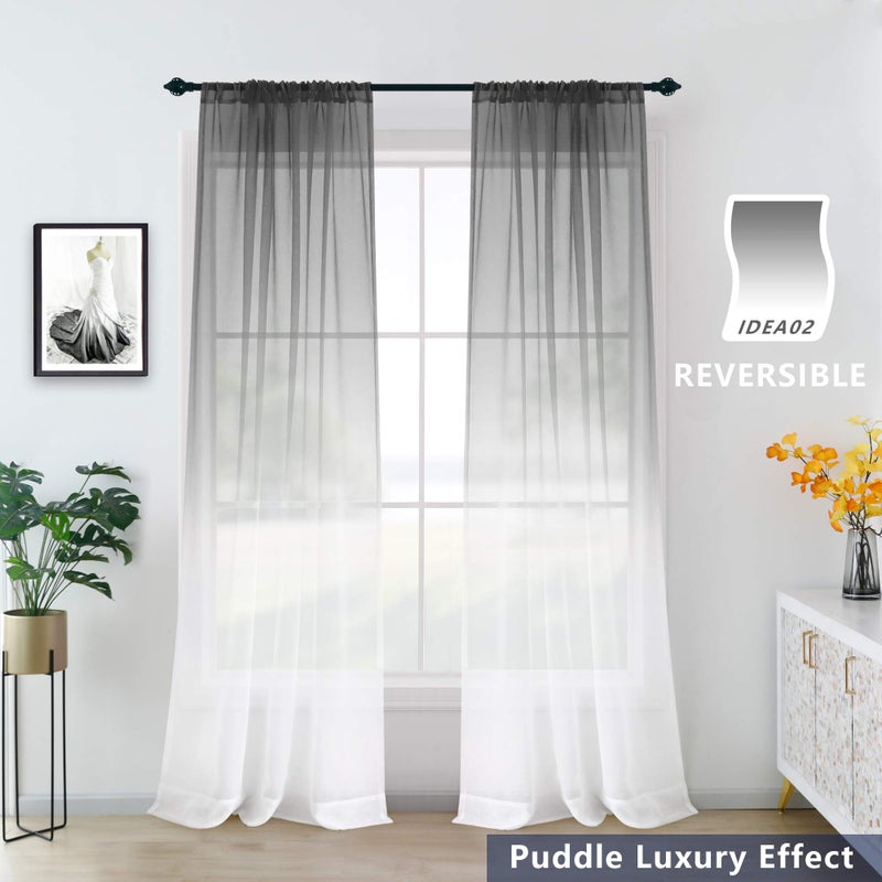KOUFALL Grey Curtains 63 Inch Length for Living Room 2 Panels Set Rod Pocket Window Sheer Drapes Ombre Short Thin Curtains for Bathroom Decor Gray Bedroom Set of 2 Panels - Image 3